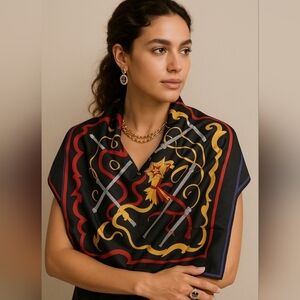 Scarf Ellen Tracy 100% Sllk Lions Crest Square 34x34 Inches Red Gold Ribbon Bows